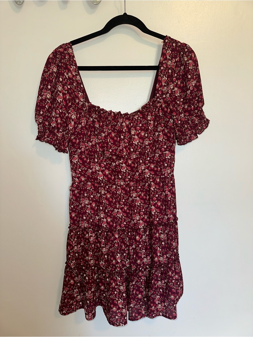 Altar’d State Burgundy Floral Puff Sleeve Tiered Mini Dress Size L